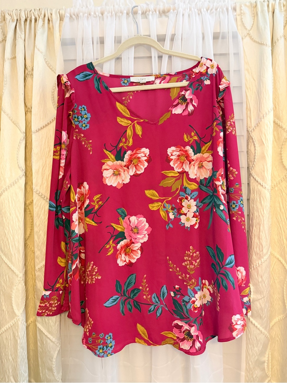 LOFT Fuchsia Floral Scoop-Neck Long-Sleeve Blouse